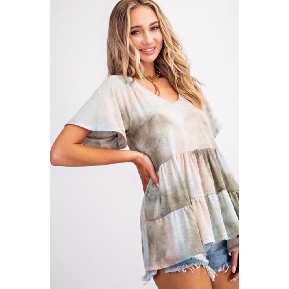 SOLD OUT Olive Tie Dye Tiered Ruffle Babydoll Top - Picture 2 of 8